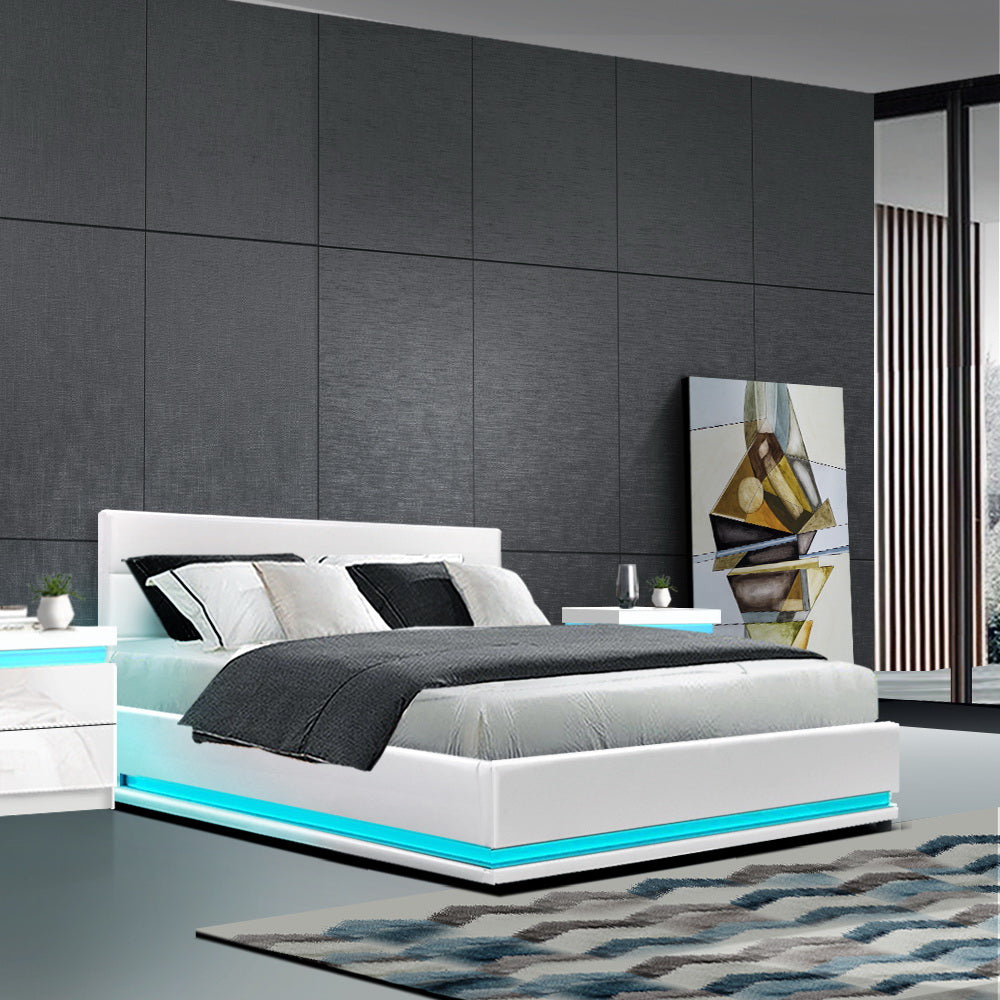 Marlook Bed Frame Double Size LED Gas Lift White LUMI