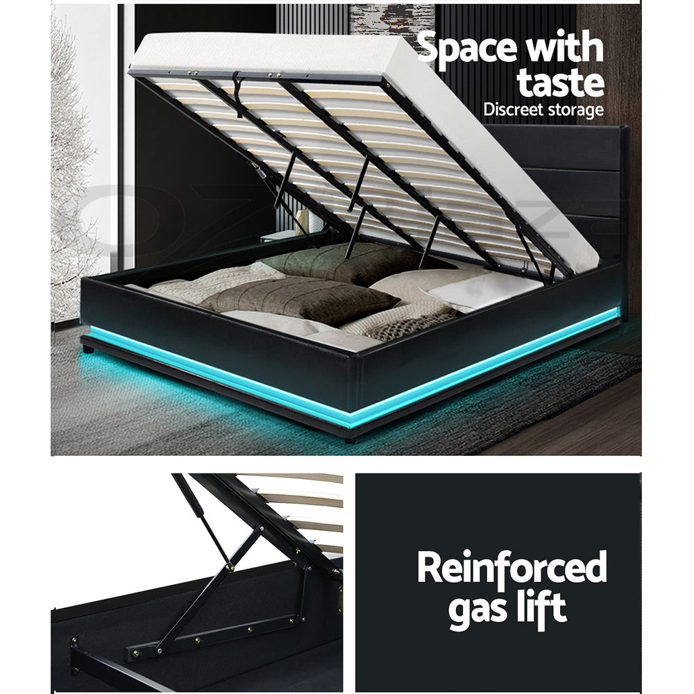 Marlook Bed Frame King Size LED Gas Lift Black LUMI
