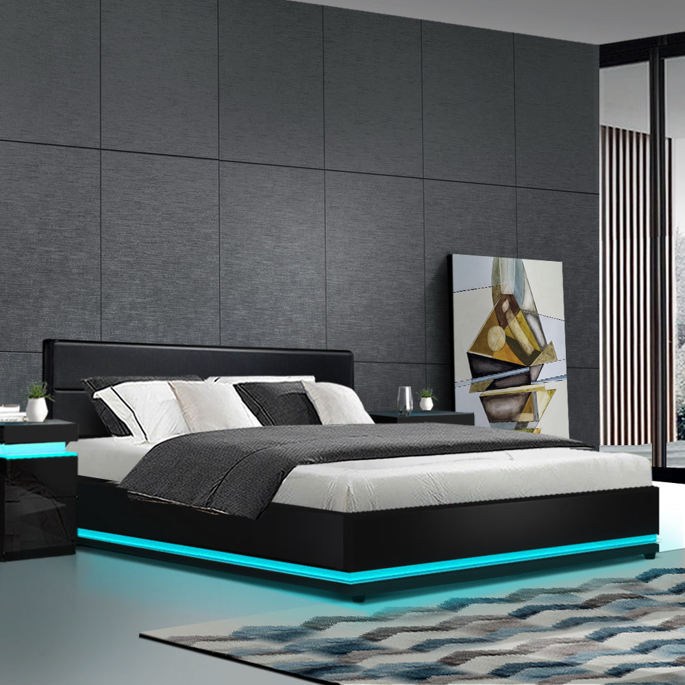 Marlook Bed Frame King Size LED Gas Lift Black LUMI