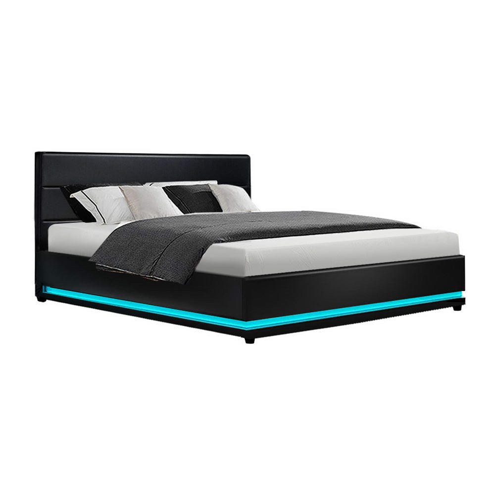 Marlook Bed Frame Queen Size LED Gas Lift Black LUMI
