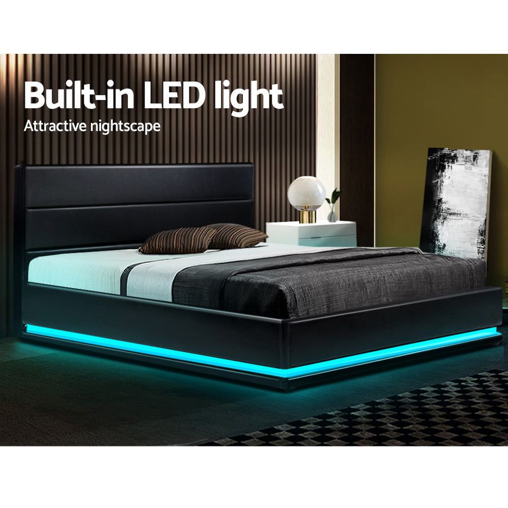 Marlook Bed Frame Queen Size LED Gas Lift Black LUMI