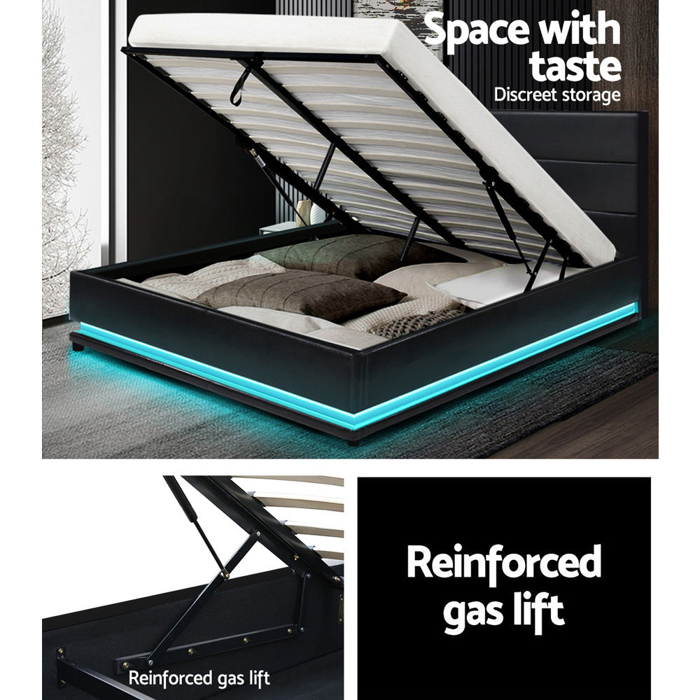 Marlook Bed Frame Queen Size LED Gas Lift Black LUMI