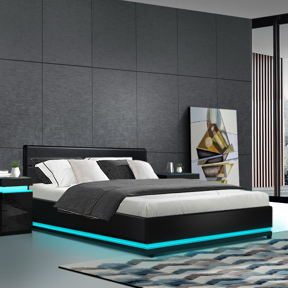 Marlook Bed Frame Queen Size LED Gas Lift Black LUMI