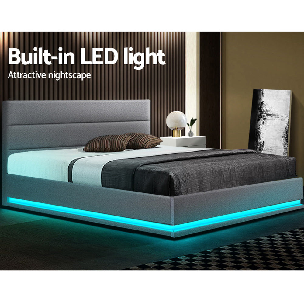 Marlook Bed Frame Queen Size LED Gas Lift Grey LUMI