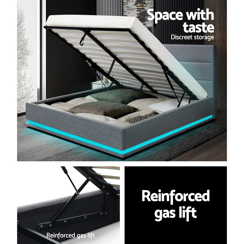 Marlook Bed Frame Queen Size LED Gas Lift Grey LUMI