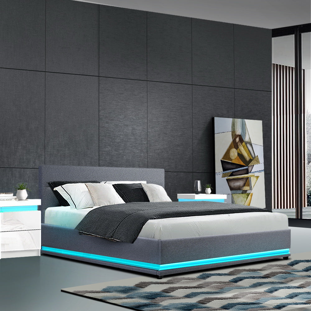 Marlook Bed Frame Queen Size LED Gas Lift Grey LUMI