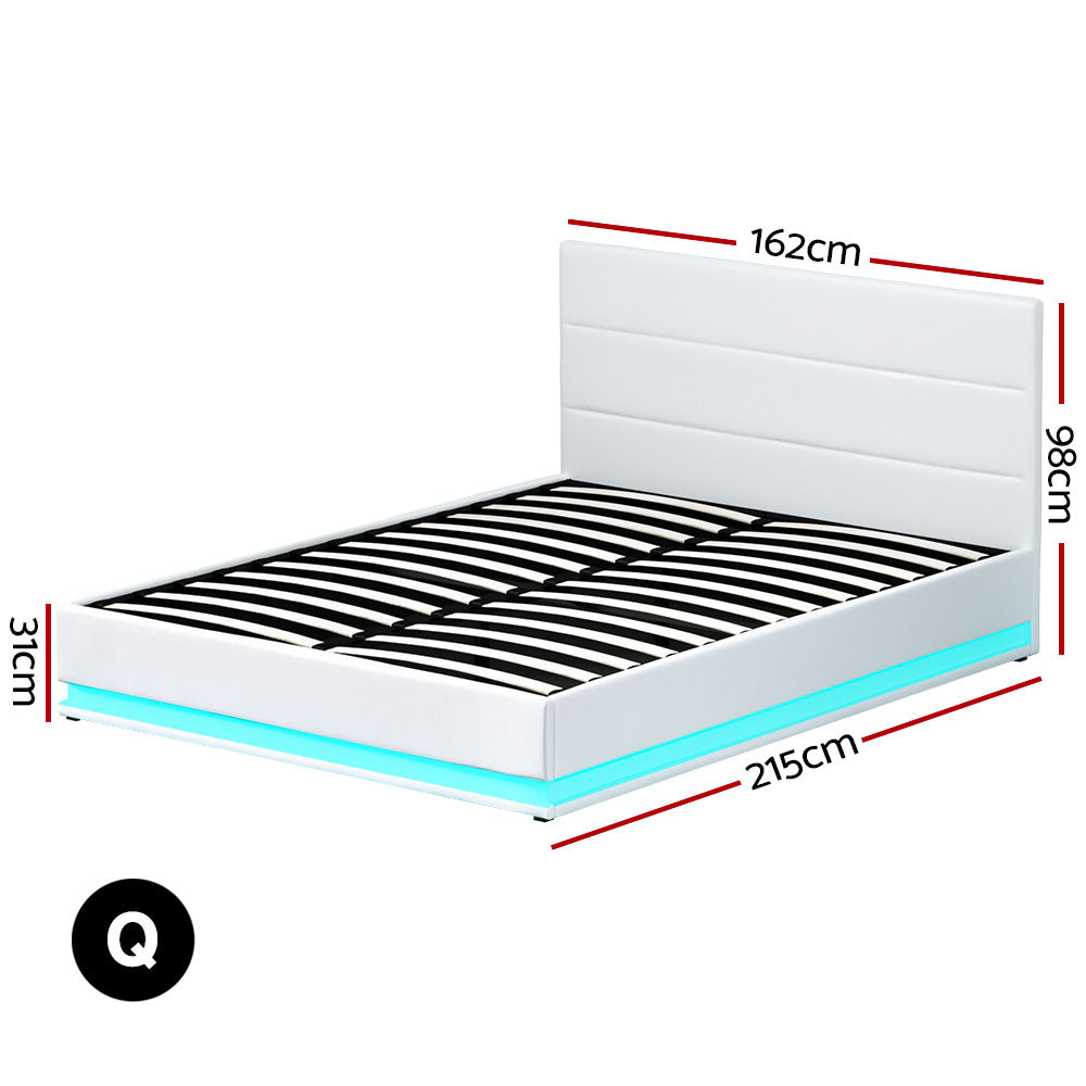 Marlook Bed Frame Queen Size LED Gas Lift White LUMI