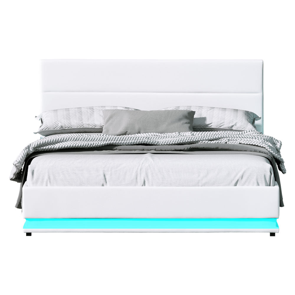 Marlook Bed Frame Queen Size LED Gas Lift White LUMI