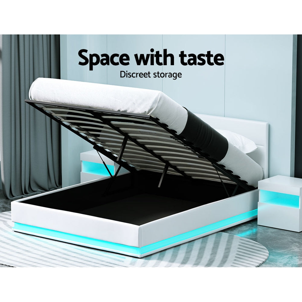 Marlook Bed Frame Queen Size LED Gas Lift White LUMI