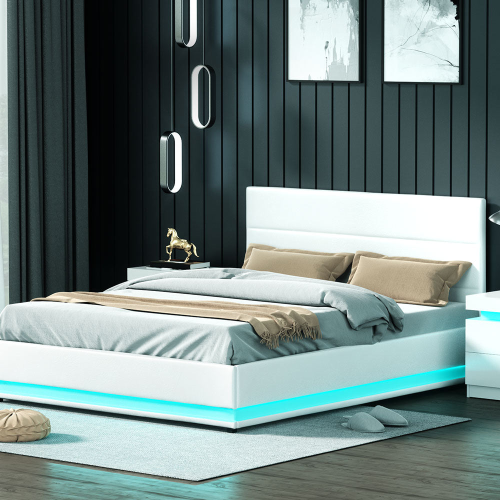 Marlook Bed Frame Queen Size LED Gas Lift White LUMI
