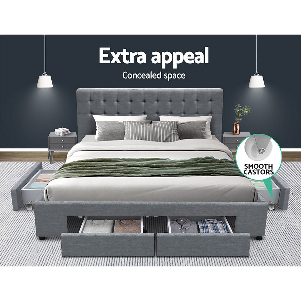 Marlook Bed Frame Queen Size with 4 Drawers Grey AVIO