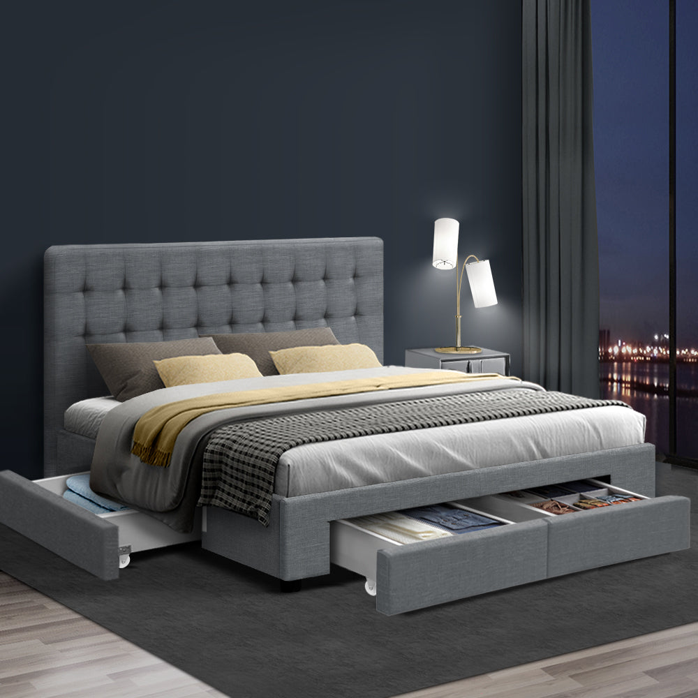Marlook Bed Frame Queen Size with 4 Drawers Grey AVIO
