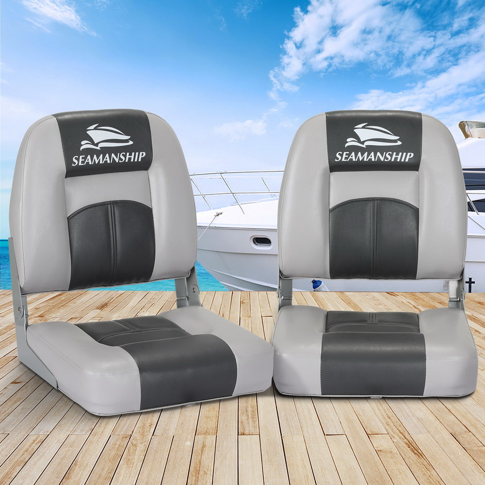 Marlook 2X Folding Boat Seats Marine Swivel Low Back 10cm Padding Charcoal