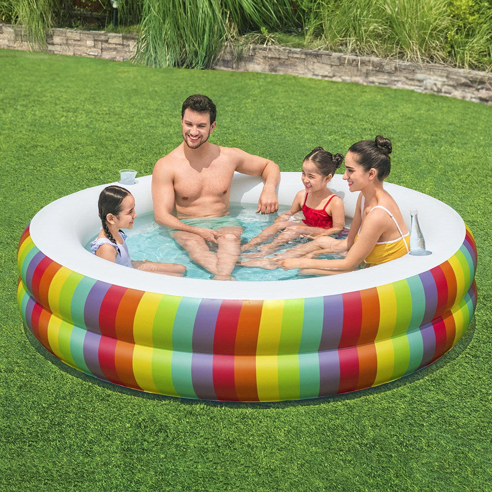 Marlook Kids Inflatable Round Pool Above Ground Cup Holder Rainbow 206x206x51cm