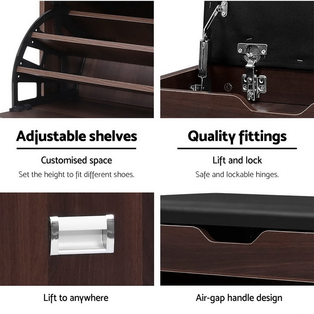 Marlook Shoe Rack Cabinet Bench 3-tier 15 Pairs Walnut