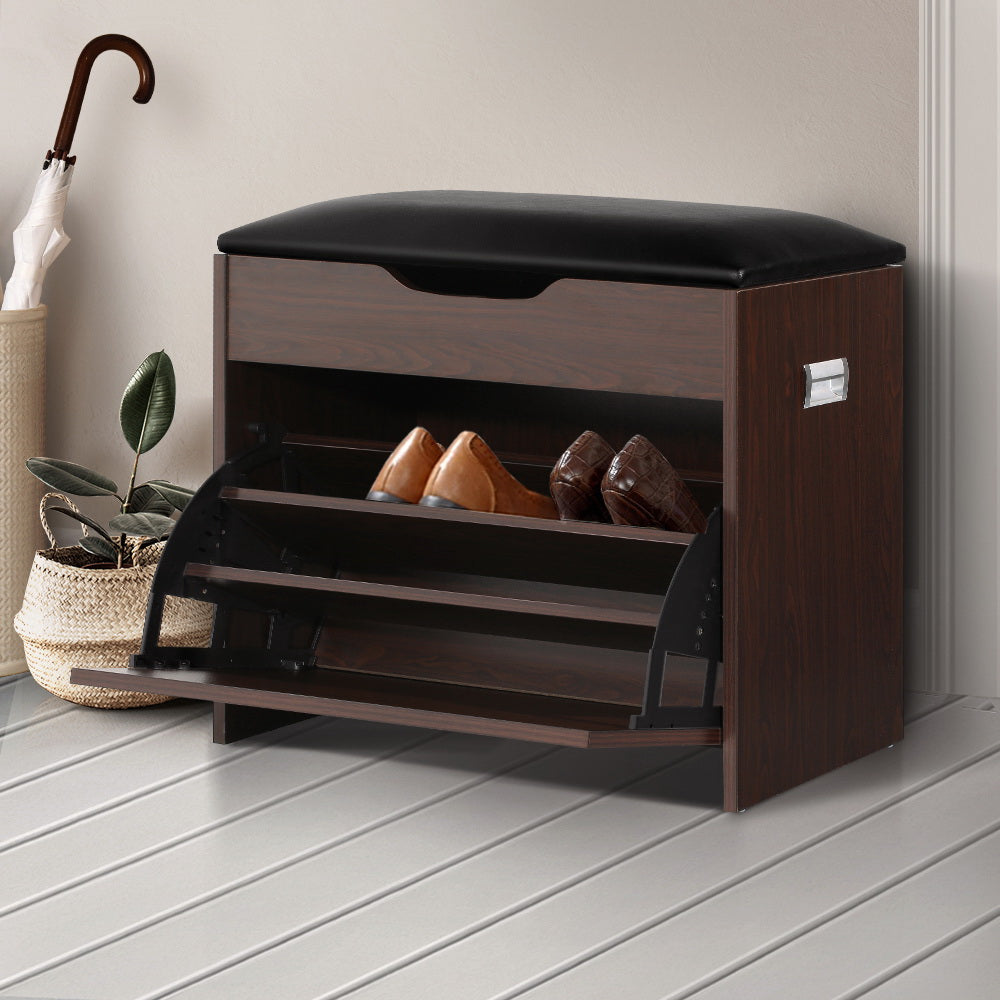 Marlook Shoe Rack Cabinet Bench 3-tier 15 Pairs Walnut