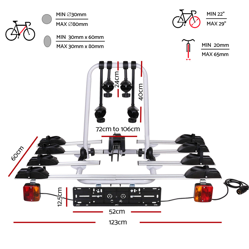 Marlook 4 Bicycle Bike Carrier Rack Car Towbar Hitch Ball Mount Tail light Silver