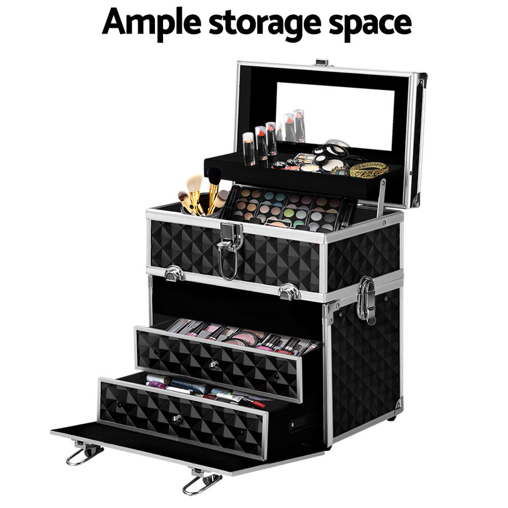 Marlook Portable Cosmetic Beauty Makeup Carry Case with Mirror - Diamond Black