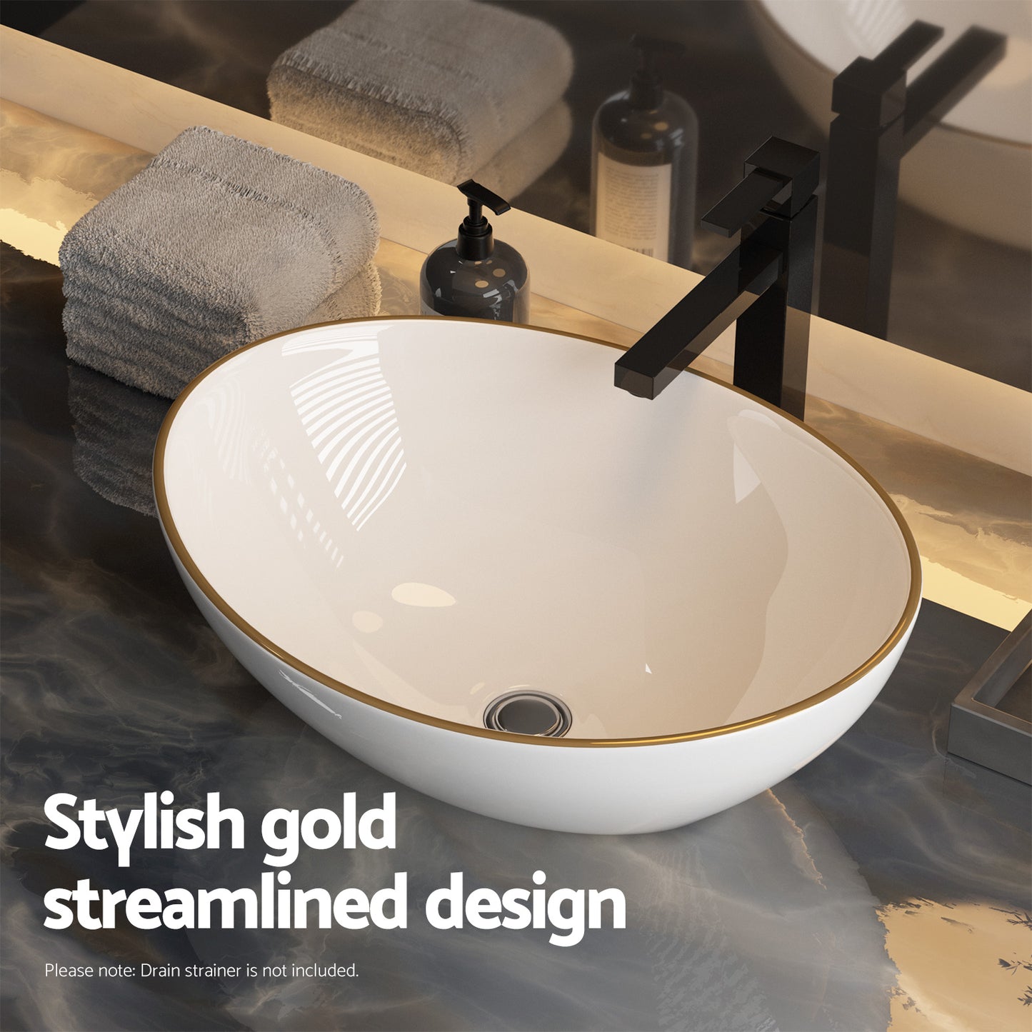 Marlook Bathroom Basin Ceramic Vanity Sink Hand Wash Bowl Gold Line 41x34cm