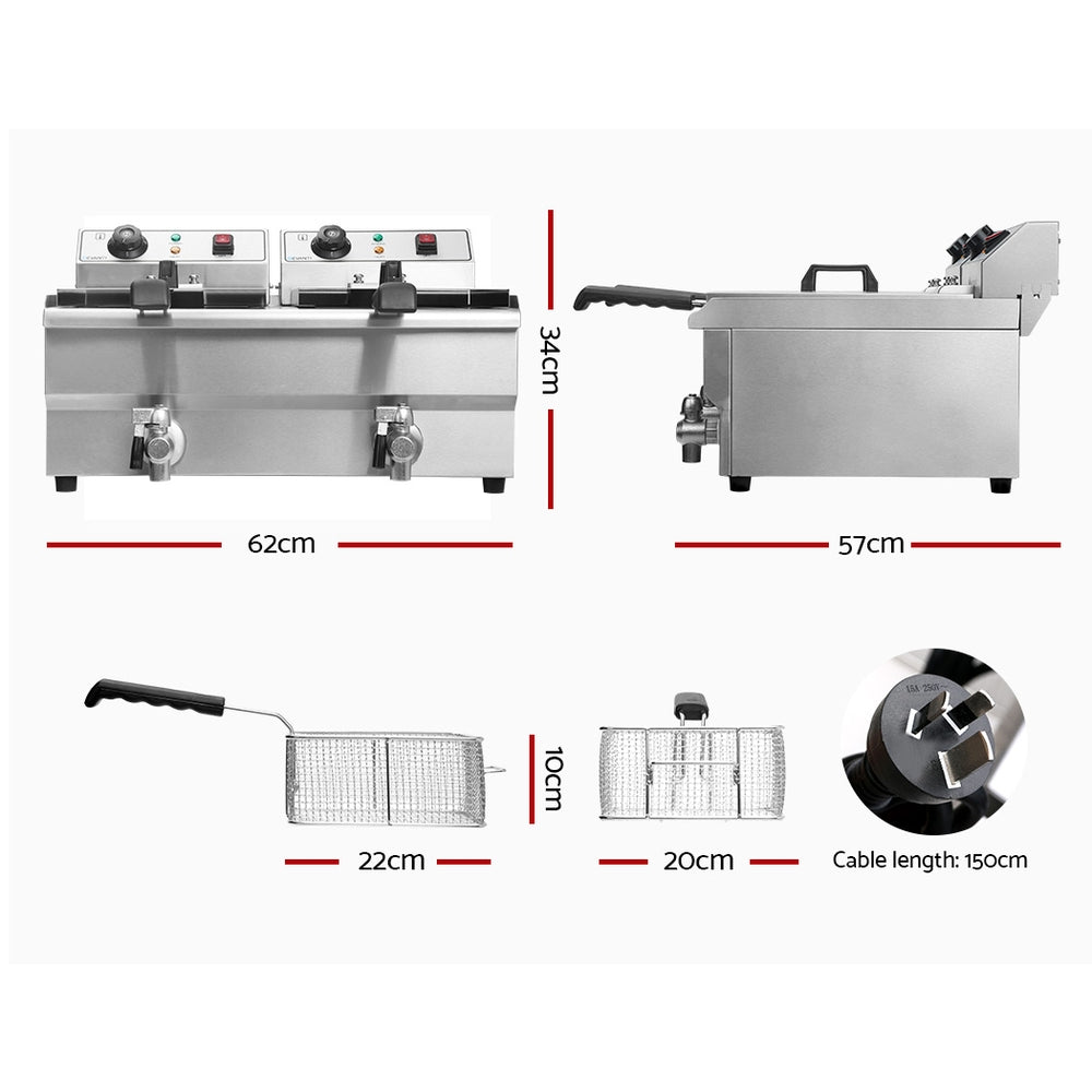 Marlook 20L Electric Commercial Deep Fryer Double Baskets Oil Taps 6000W