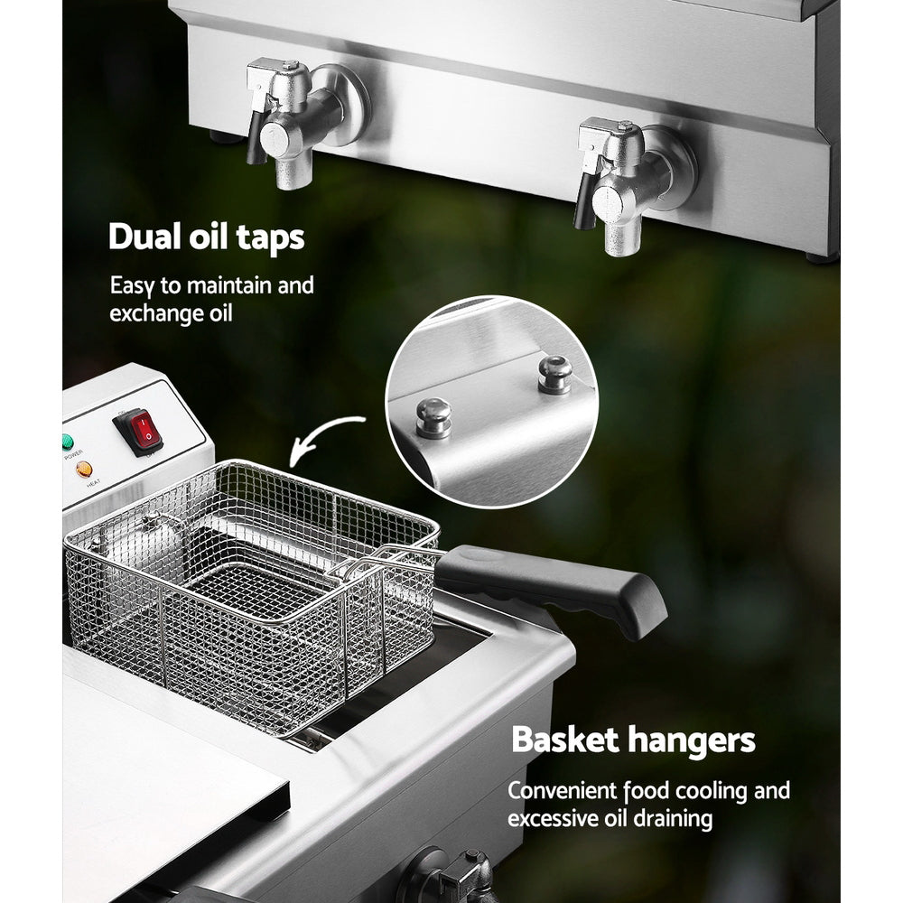 Marlook 20L Electric Commercial Deep Fryer Double Baskets Oil Taps 6000W