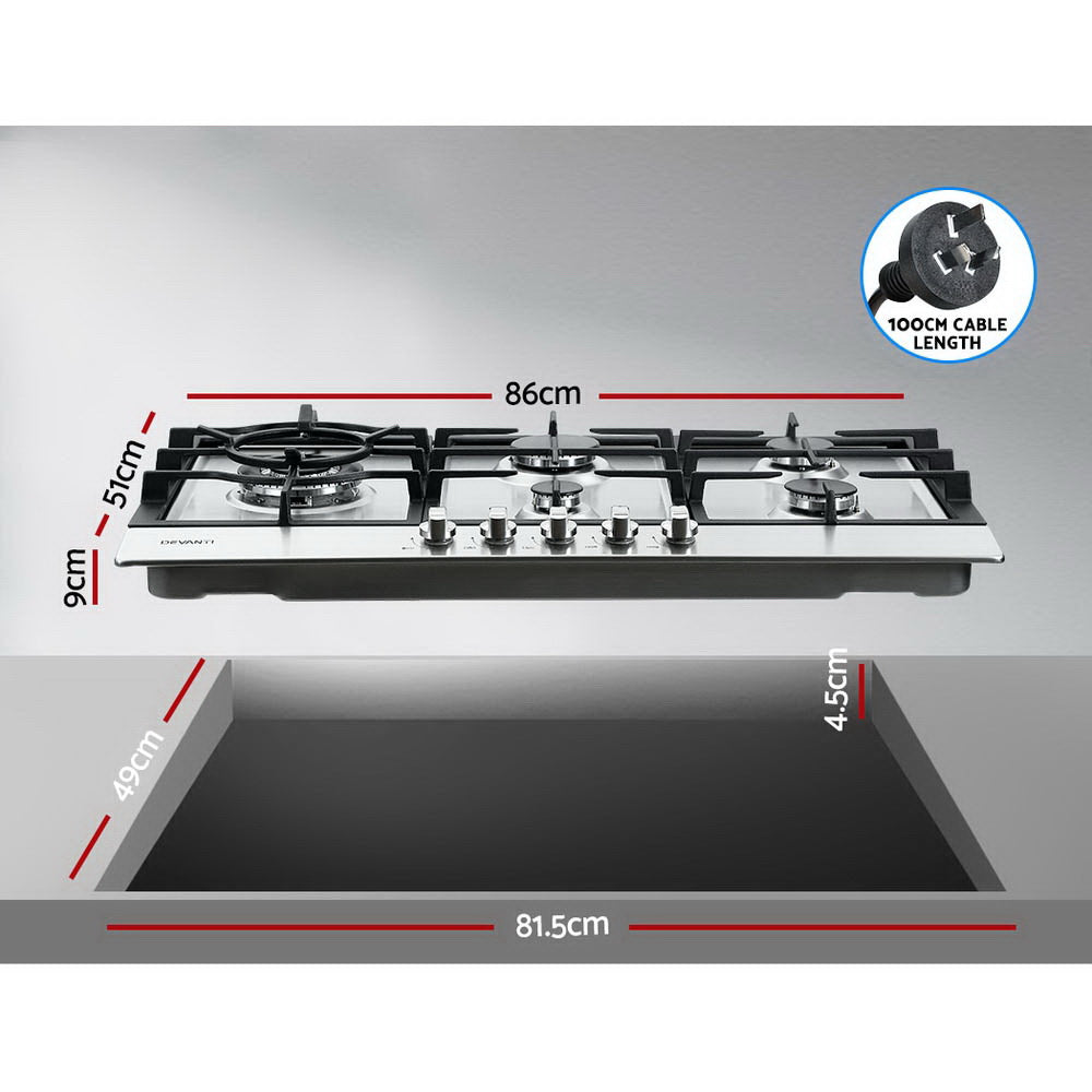Marlook Gas Cooktop 90cm 5 Burner Silvir