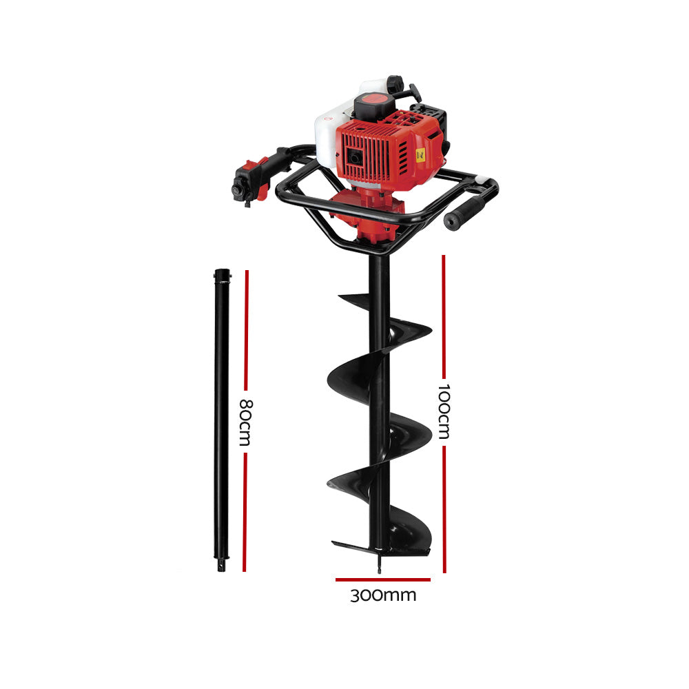 Marlook 92CC Post Hole Digger 300mm Petrol Drill Extension Bits Auger