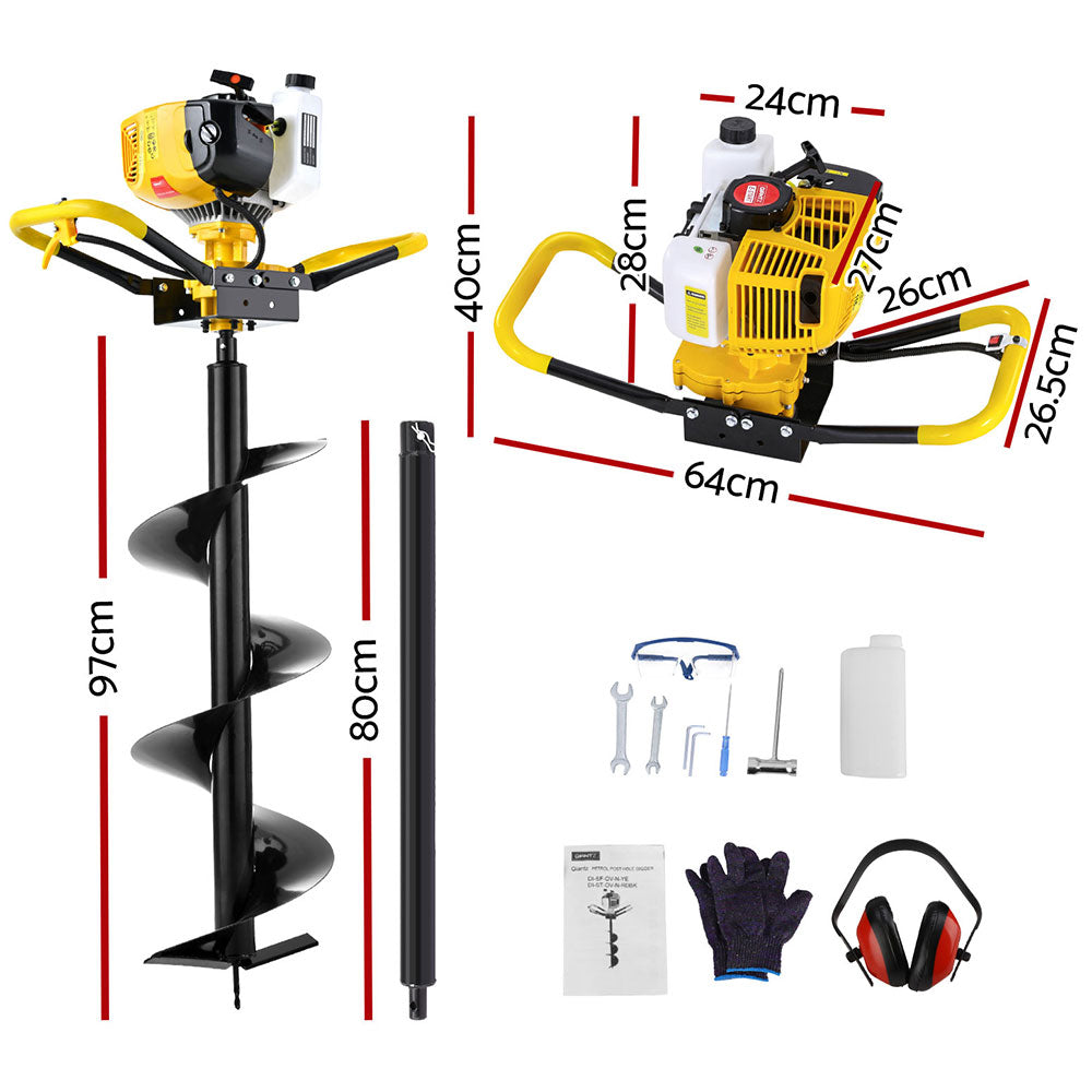 Marlook 74CC Post Hole Digger 300mm Petrol Drill Auger Extension Bits