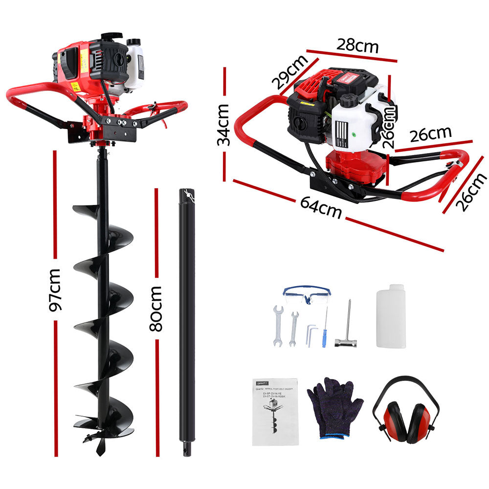 Marlook 65CC Post Hole Digger 200mm Petrol Drill Auger Extension Bits