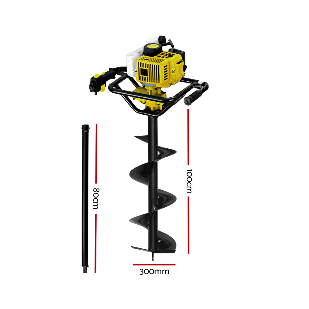 Marlook 92CC Post Hole Digger 300mm Petrol Drill Auger Extension Bits