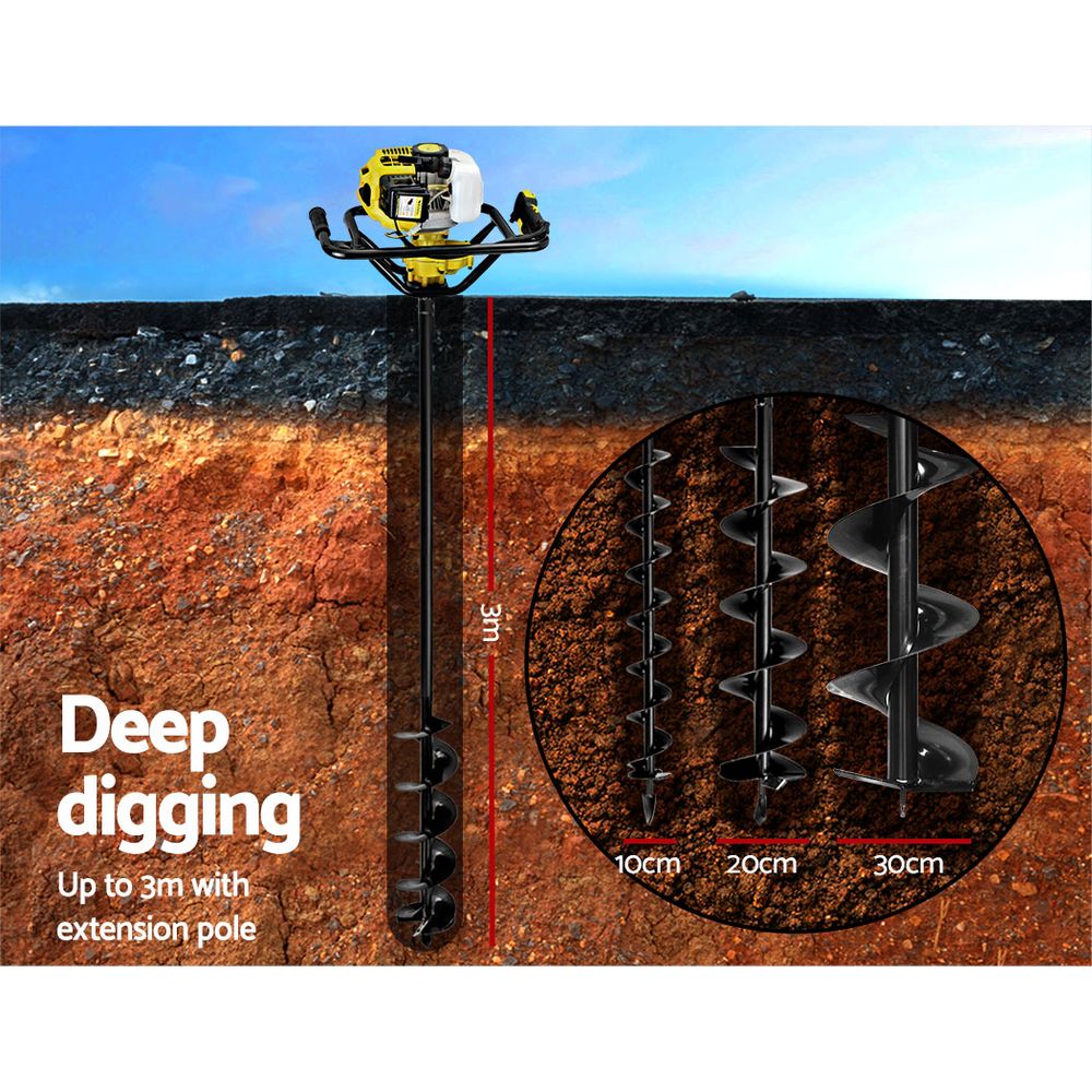 Marlook 92CC Post Hole Digger Petrol Drill Auger Extension Bits