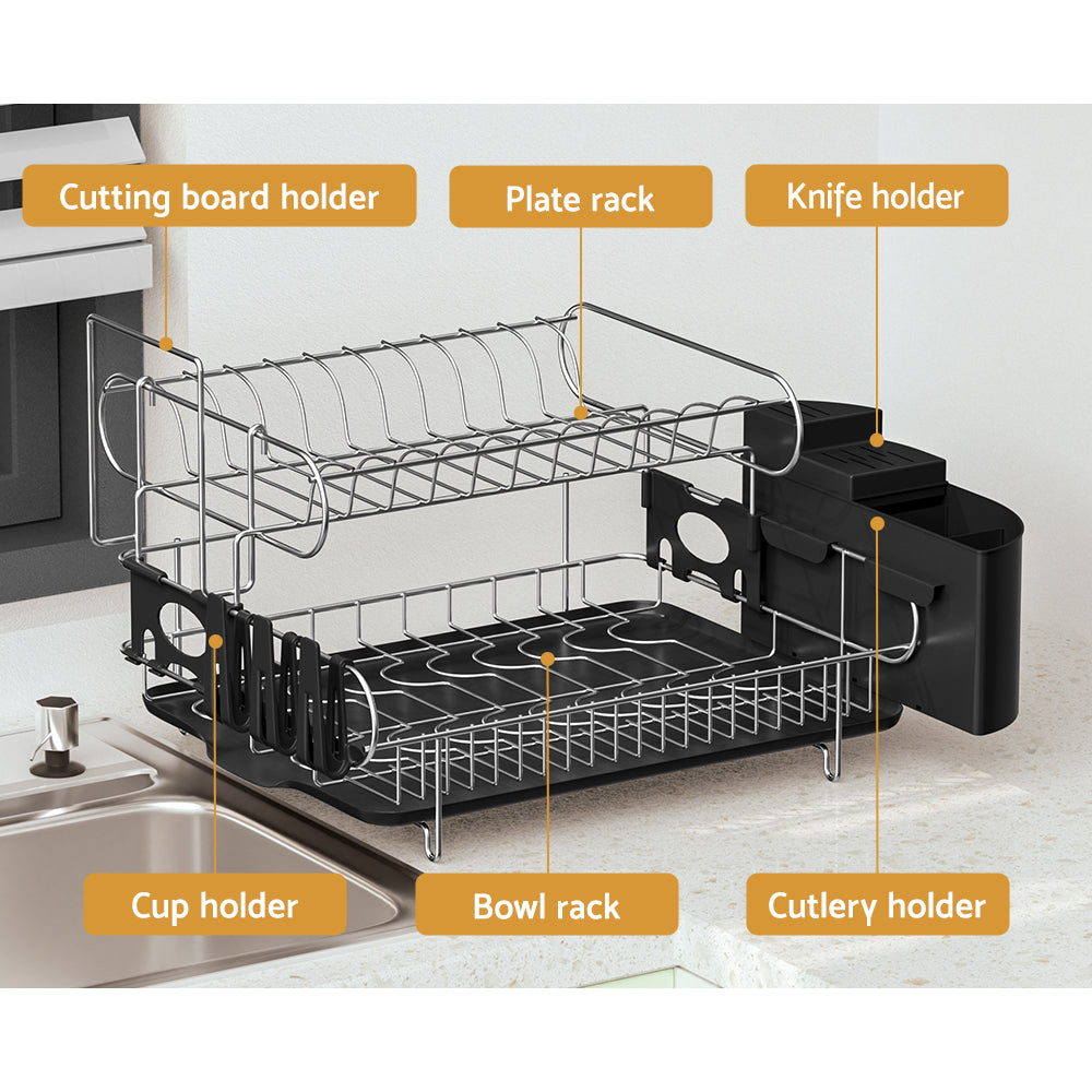 Marlook Dish Rack Drying Drainer Cup Holder Cutlery Tray Kitchen Organiser 2-Tier
