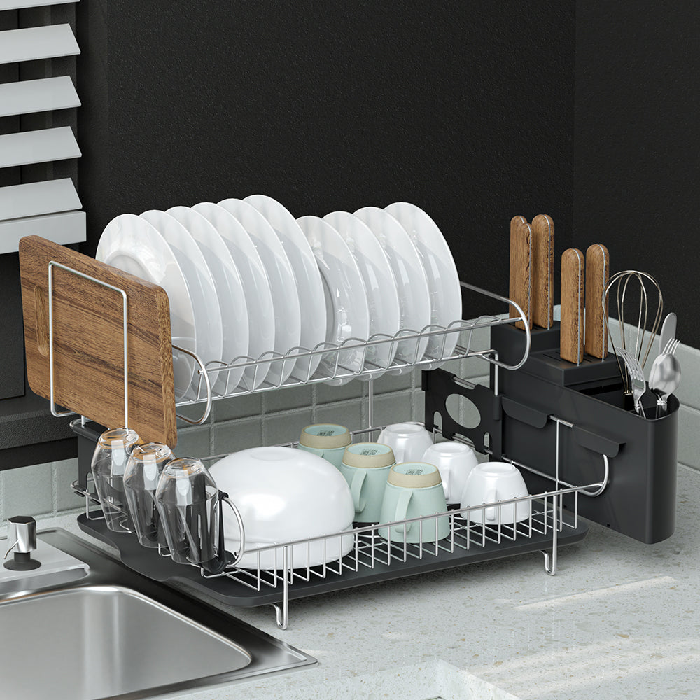 Marlook Dish Rack Drying Drainer Cup Holder Cutlery Tray Kitchen Organiser 2-Tier