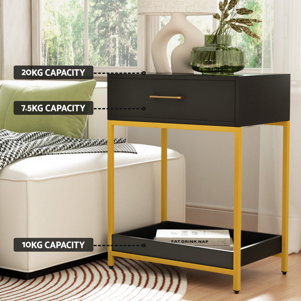 Marlook Bedside Table Drawers Side Table Shelf Storage Nightstand Black MASON