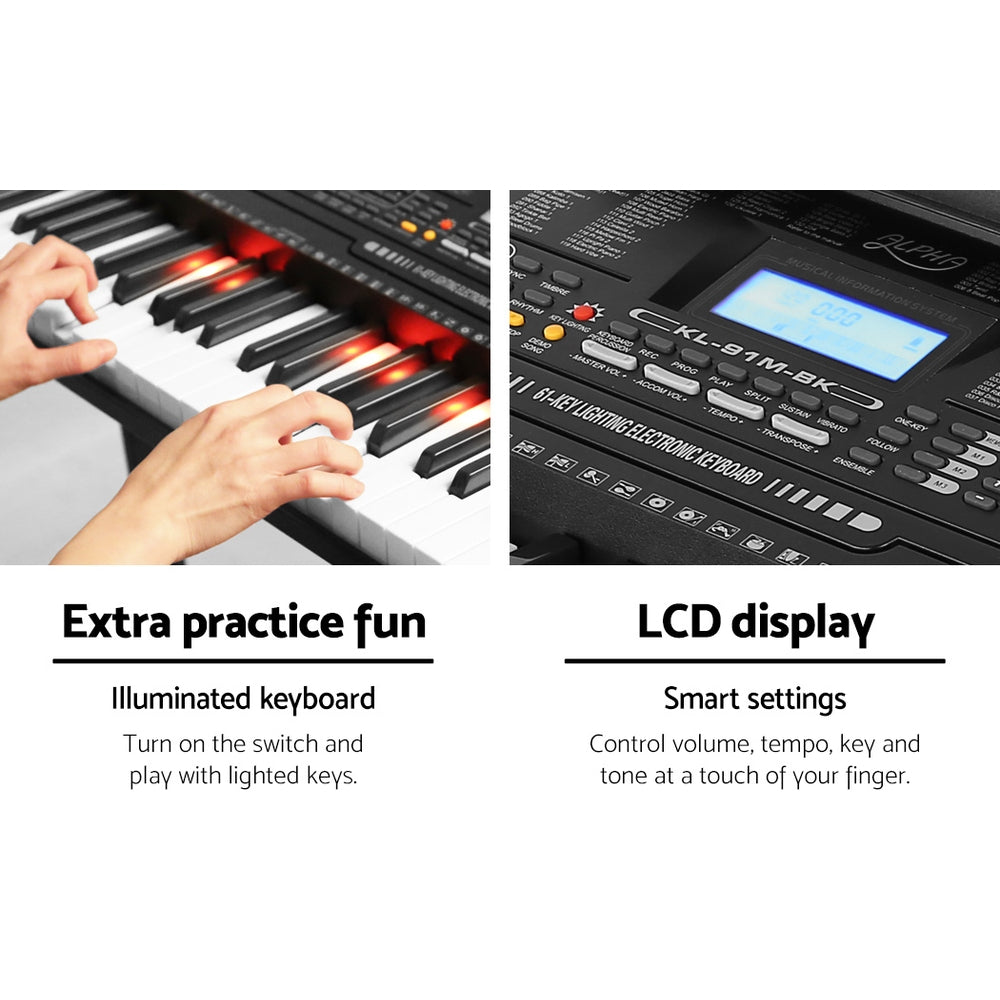 Marlook 61 Keys Electronic Piano Keyboard Digital Electric w/ Stand Lighted Black