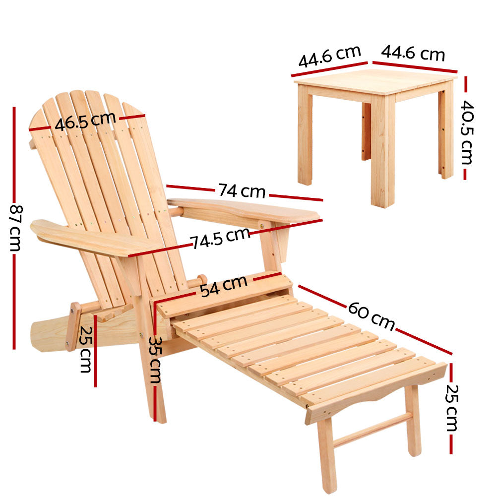 Marlook 3PC Adirondack Outdoor Table and Chairs? Wooden Sun Lounge Beach Patio Natural