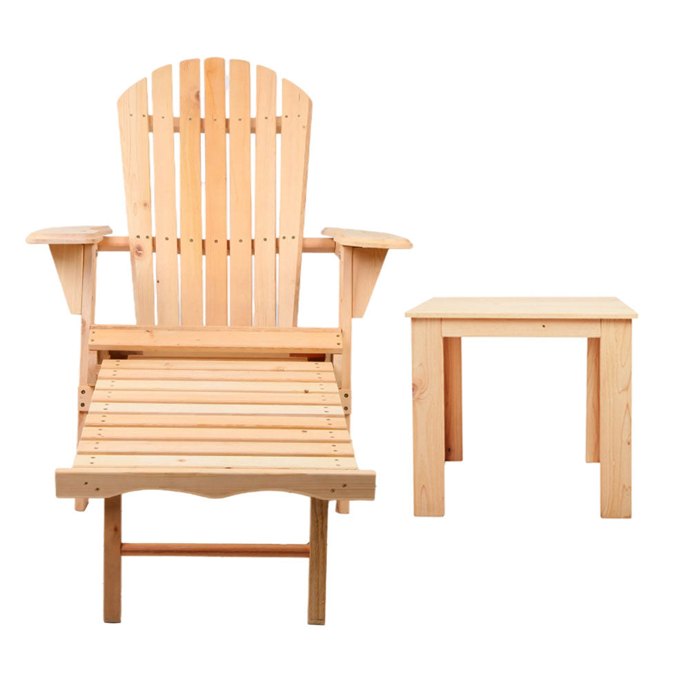 Marlook 3PC Adirondack Outdoor Table and Chairs? Wooden Sun Lounge Beach Patio Natural