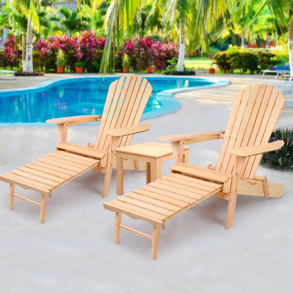 Marlook 3PC Adirondack Outdoor Table and Chairs? Wooden Sun Lounge Beach Patio Natural