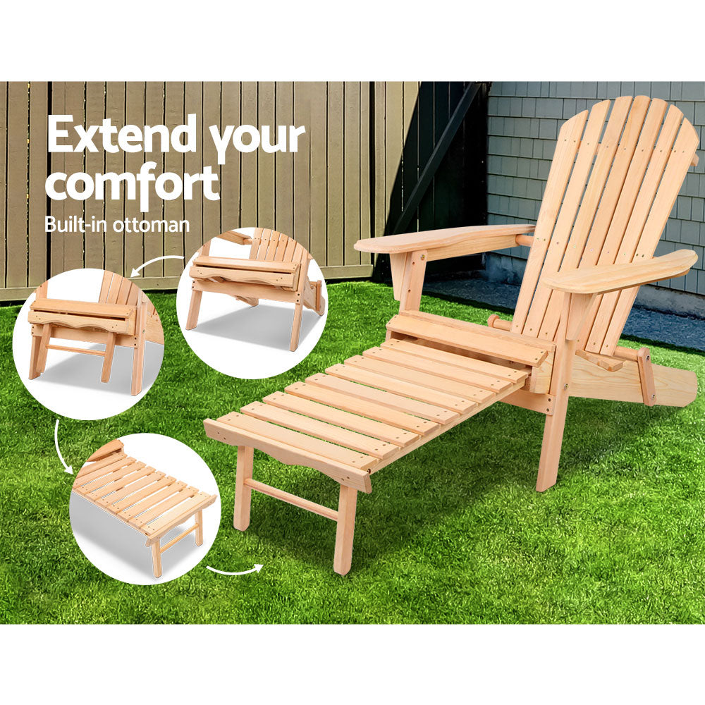 Marlook 3PC Adirondack Outdoor Table and Chairs? Wooden Sun Lounge Beach Patio Natural