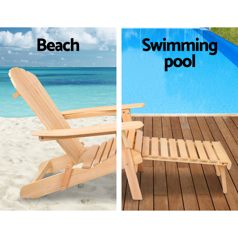 Marlook 3PC Adirondack Outdoor Table and Chairs? Wooden Sun Lounge Beach Patio Natural