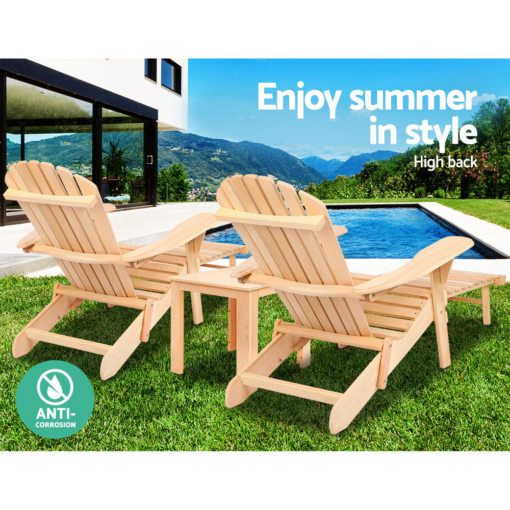 Marlook 3PC Adirondack Outdoor Table and Chairs? Wooden Sun Lounge Beach Patio Natural