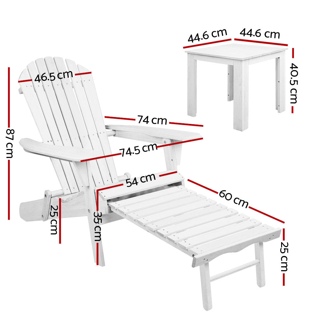 Marlook 3PC Adirondack Outdoor Table and Chairs Wooden Sun Lounge Beach Patio White