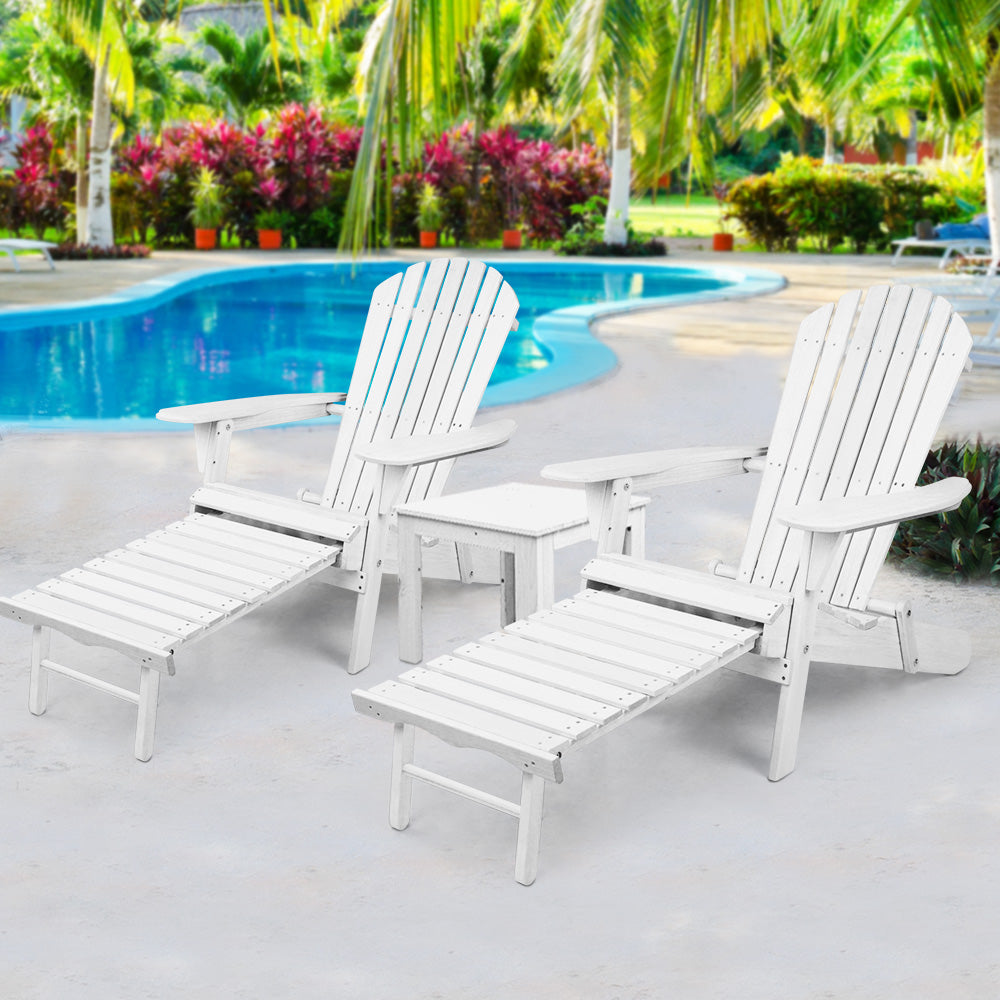 Marlook 3PC Adirondack Outdoor Table and Chairs Wooden Sun Lounge Beach Patio White