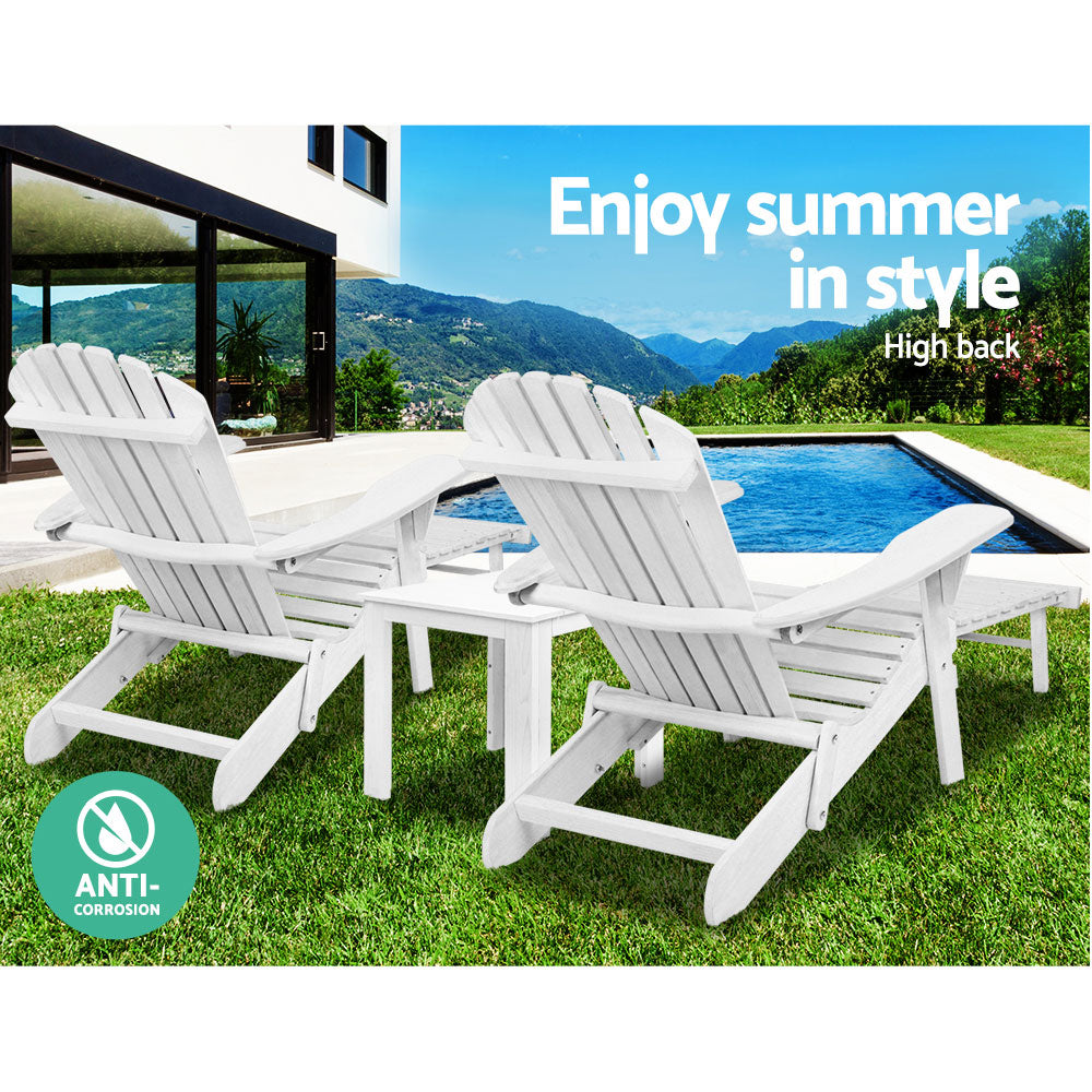 Marlook 3PC Adirondack Outdoor Table and Chairs Wooden Sun Lounge Beach Patio White