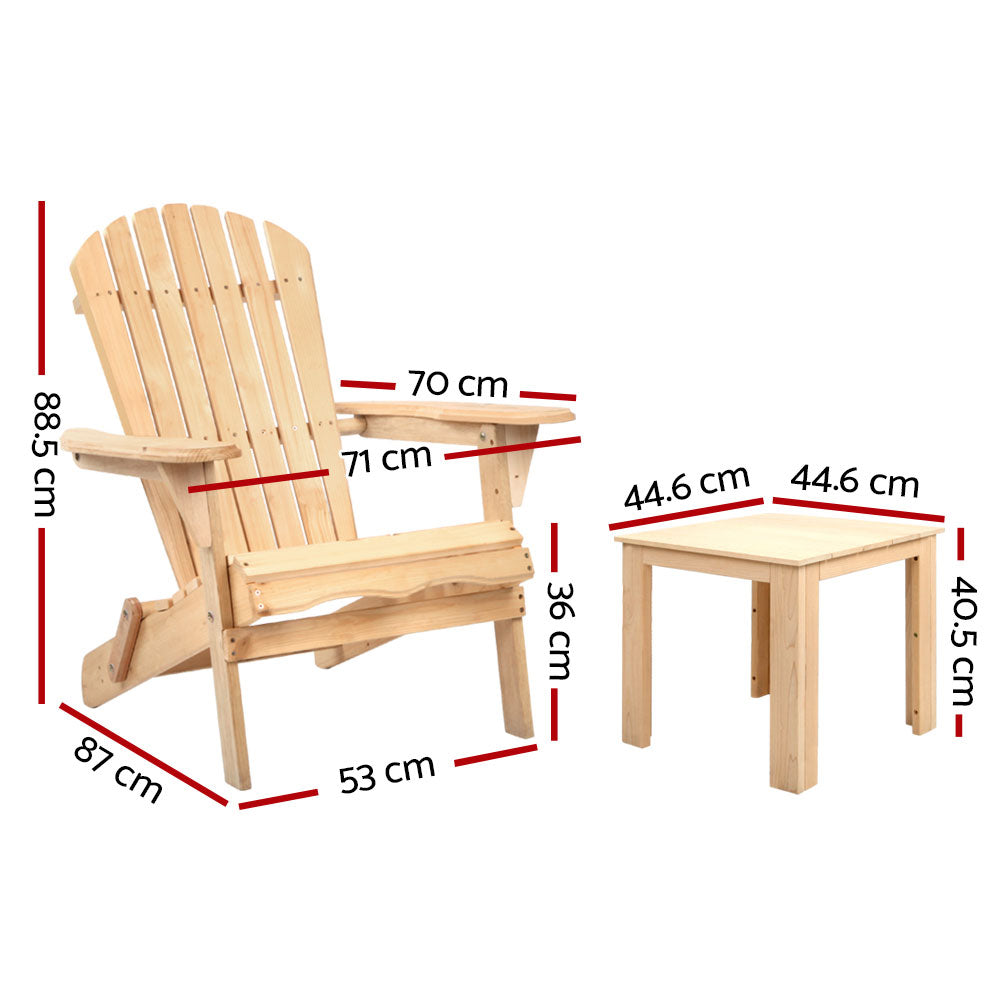 Marlook 3PC Adirondack Outdoor Table and Chairs Wooden Foldable Beach Chair Natural
