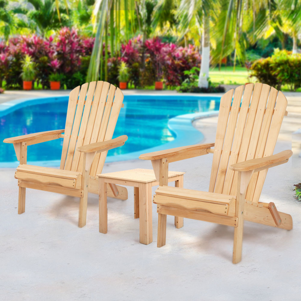 Marlook 3PC Adirondack Outdoor Table and Chairs Wooden Foldable Beach Chair Natural