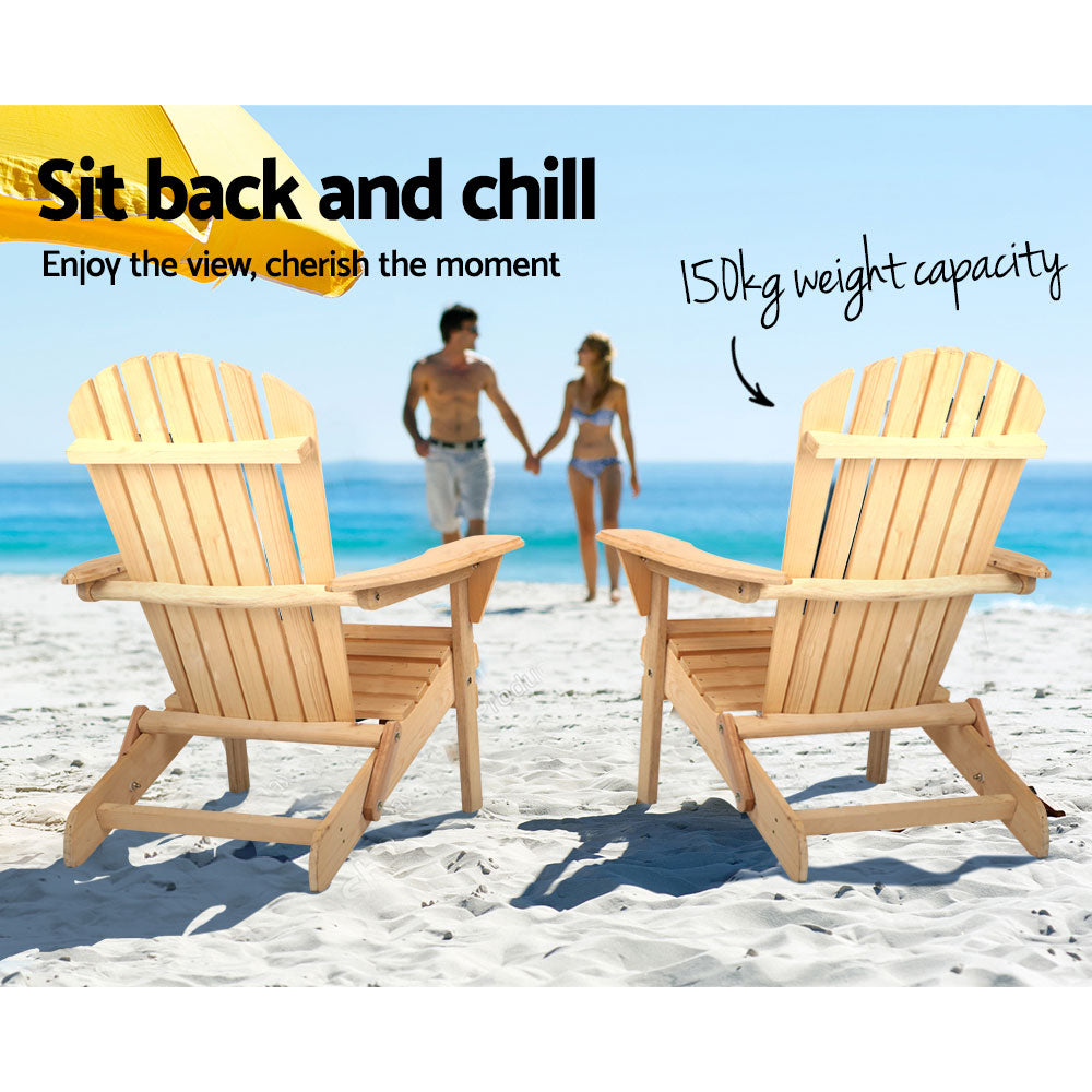 Marlook 3PC Adirondack Outdoor Table and Chairs Wooden Foldable Beach Chair Natural