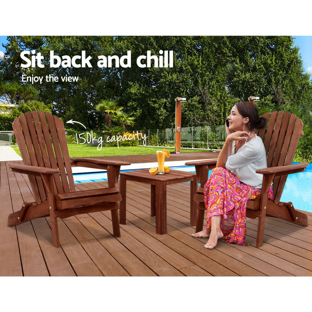 Marlook 3PC Adirondack Outdoor Table and Chairs Wooden Foldable Beach Chair Brown