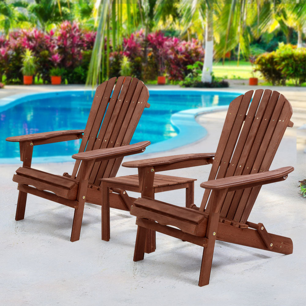 Marlook 3PC Adirondack Outdoor Table and Chairs Wooden Foldable Beach Chair Brown