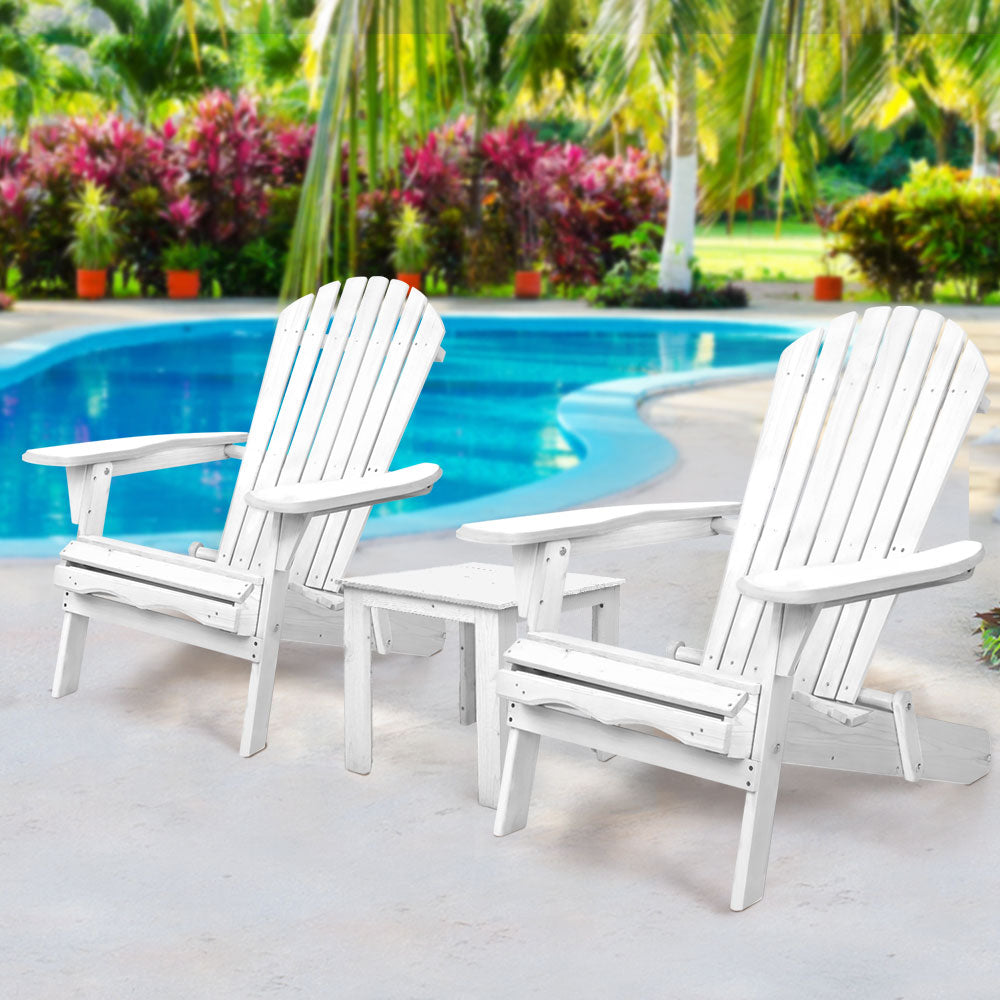 Marlook 3PC Adirondack Outdoor Table and Chairs Wooden Foldable Beach Chair White